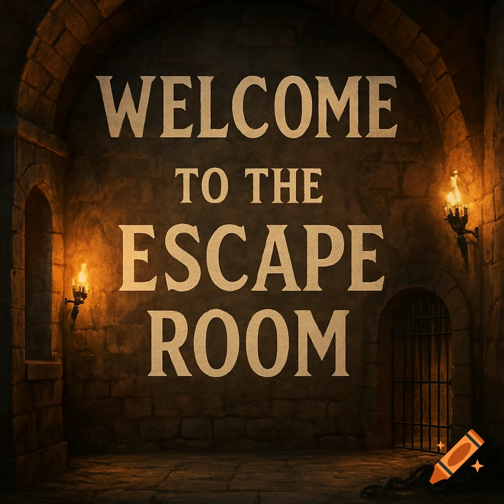 A dungeon room with text on the wall reading "WELCOME TO THE ESCAPE ROOM".