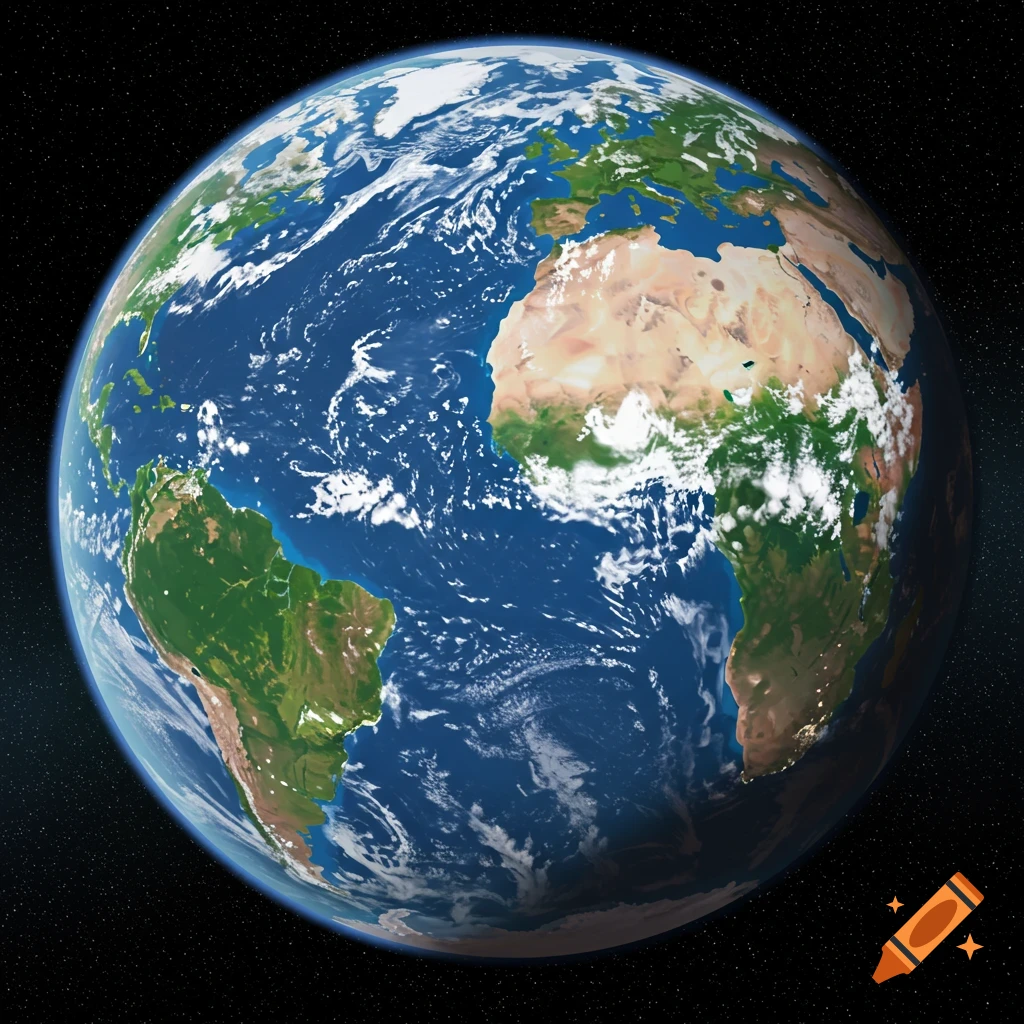 A realistic depiction of the Earth from space, showing continents, oceans, and clouds.