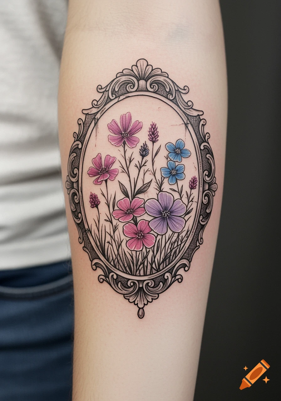Tattoo of colorful wildflowers in a vintage oval frame on a forearm.