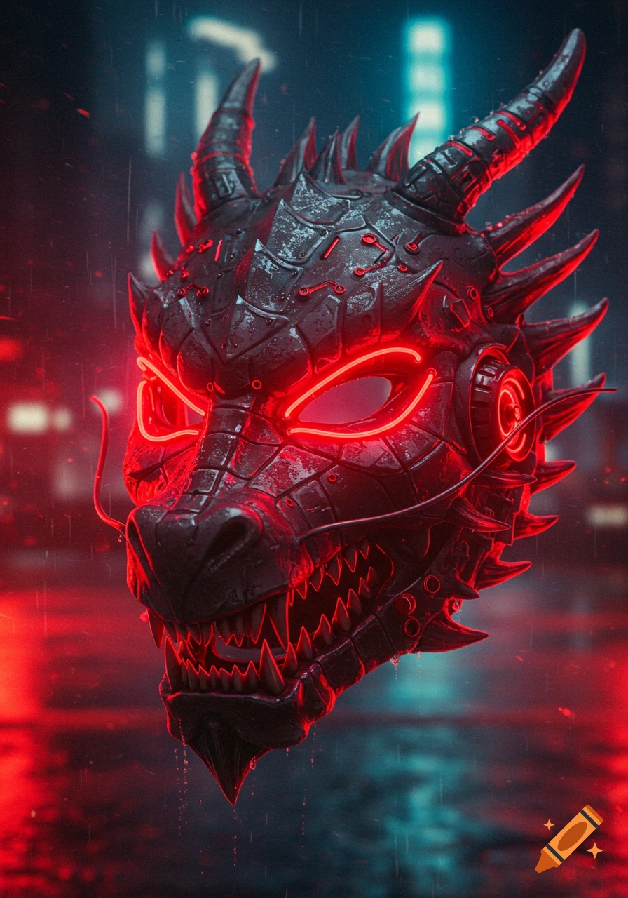A detailed cyberpunk dragon mask with glowing red eyes and horns, set against a rainy city backdrop with red and blue lights.