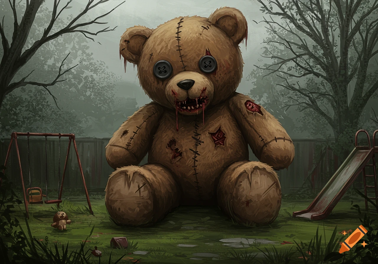 Torn, bloody teddy bear with button eyes sits in a gloomy playground