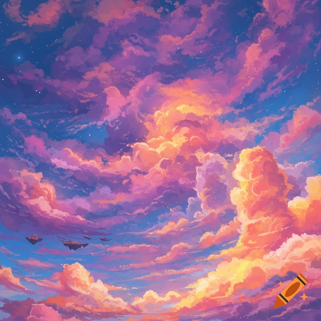 A vibrant anime-style digital painting of pink, purple, and orange clouds in a blue sky with small floating islands.