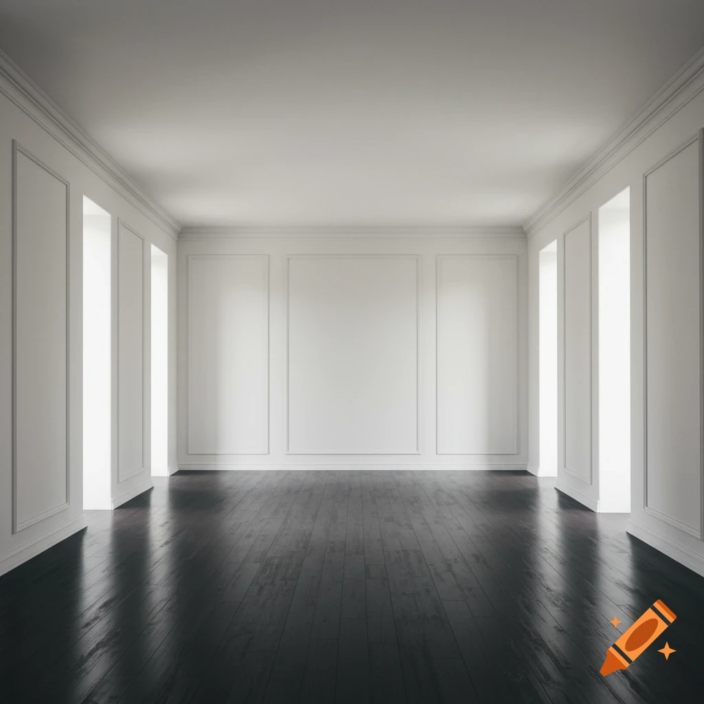 Empty room with dark wooden floor and white walls with molding