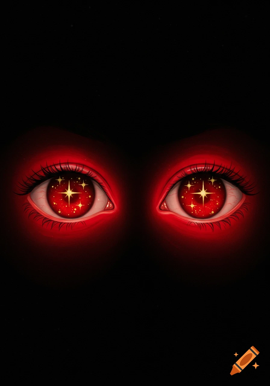 Close-up of red eyes with gold stars in the pupils against a black background.
