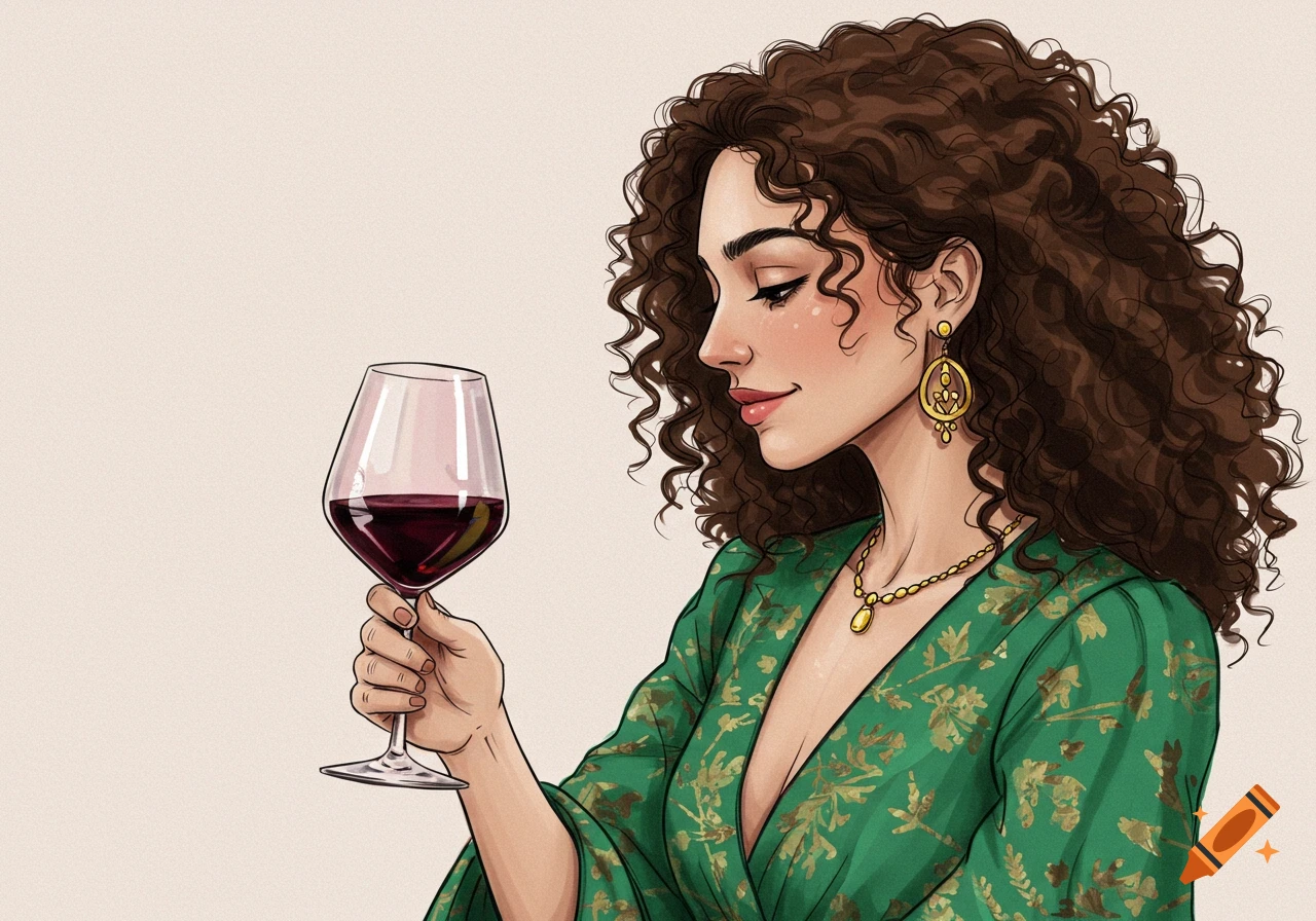 A drawing of a woman with curly hair holding a glass of red wine.