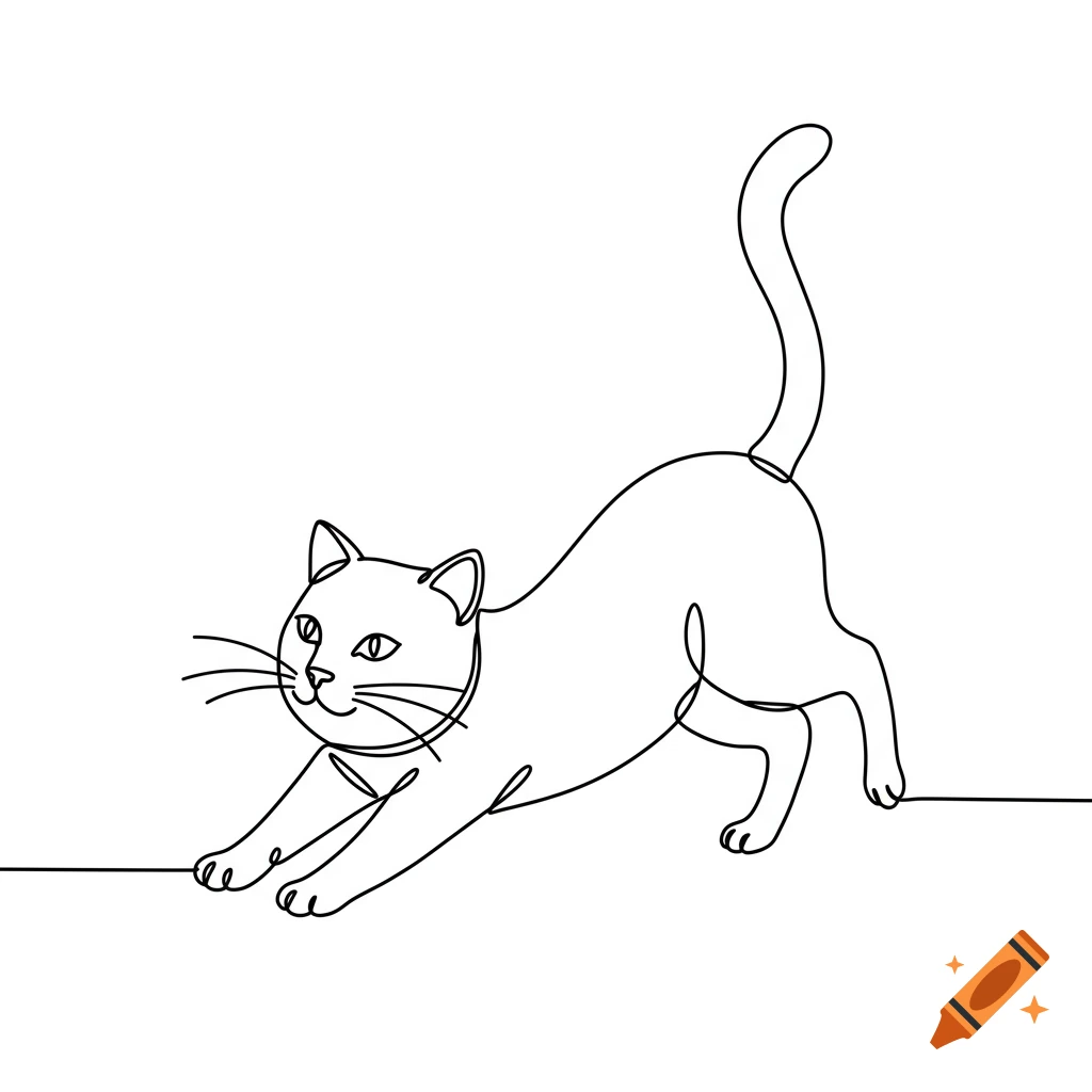 Minimalist continuous line drawing of a stretching cat