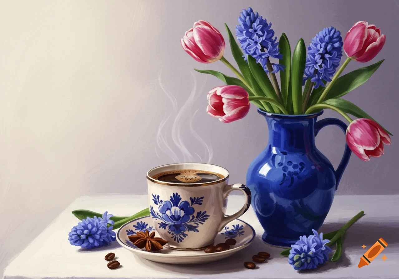 Still life painting of a steaming coffee cup, blue vase with pink tulips and blue hyacinths, coffee beans, and star anise.