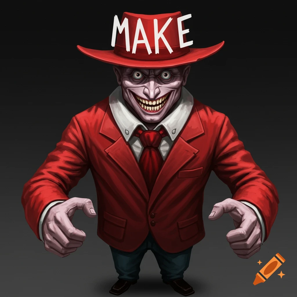 A creepy grinning character in a red suit and hat with the word MAKE on the hat, illustration style.