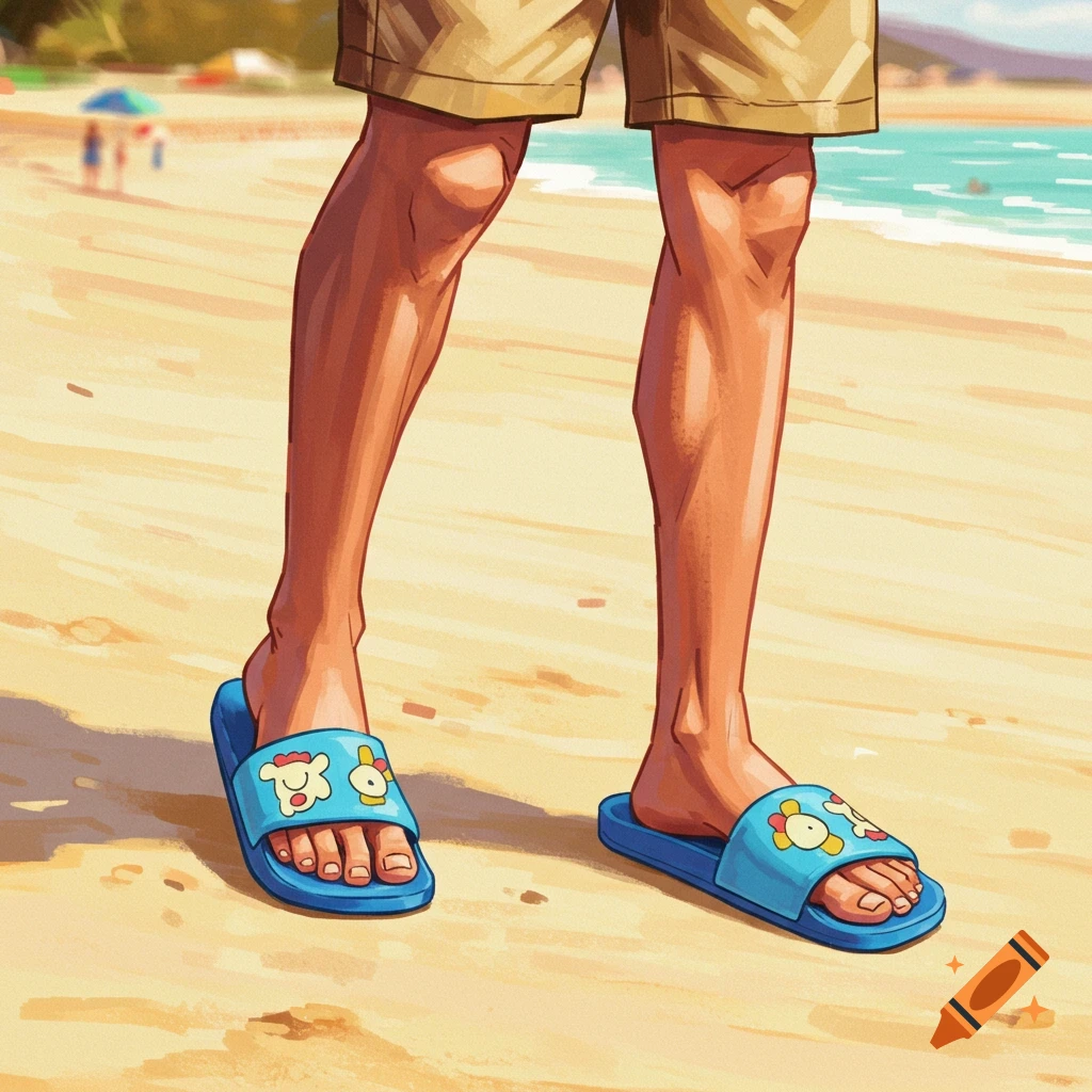 An illustration of legs and feet wearing blue slide sandals with cartoon designs, walking on a beach.