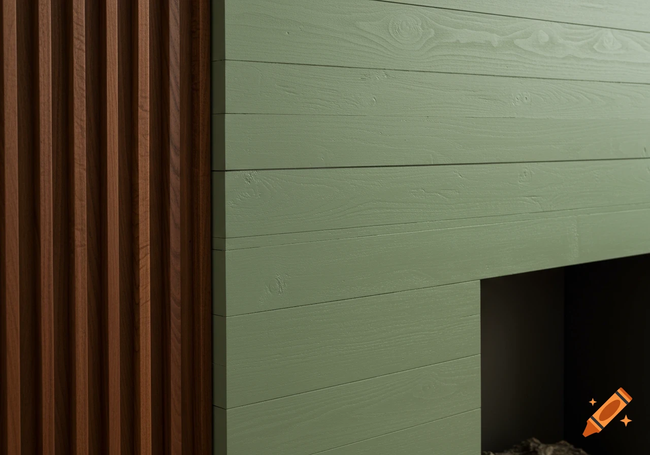 Close up of a corner with vertical dark wood slats and horizontal sage green painted wood planks, showing a fireplace opening.