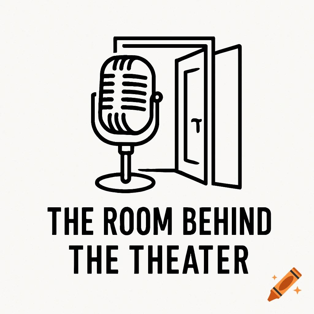Black line art logo of a microphone in an open doorway above the words THE ROOM BEHIND THE THEATER.
