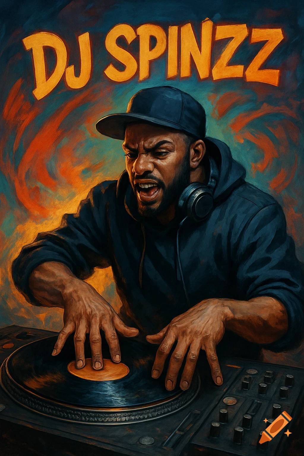 A stylized portrait of a DJ with headphones and a cap scratching records, with text "DJ SPINZZ" above.