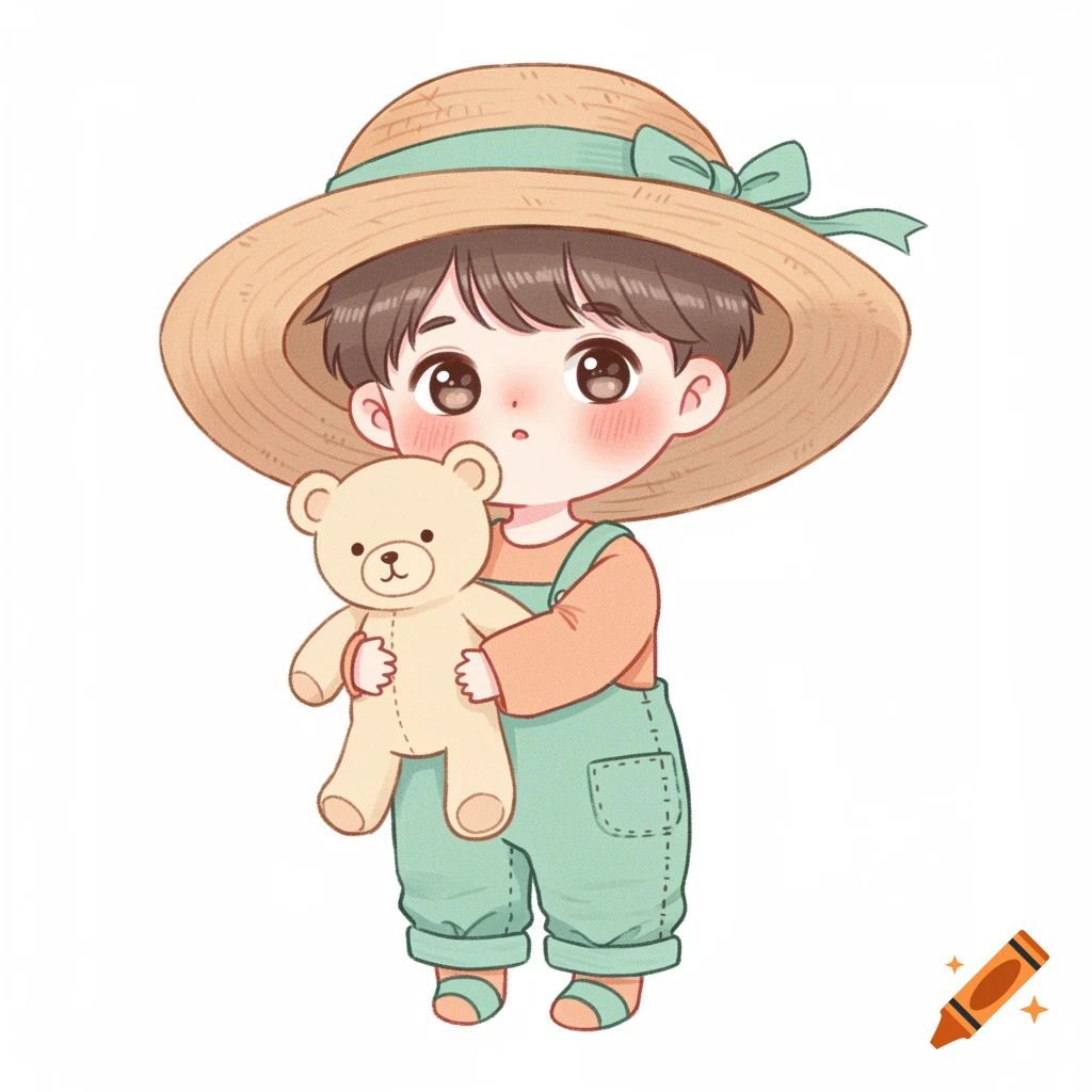 Cute cartoon baby boy in a straw hat and green overalls holding a teddy bear