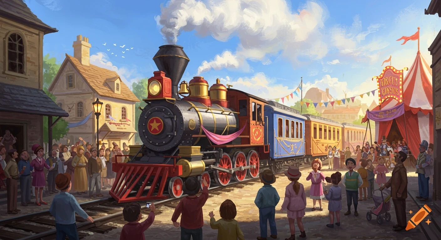 Circus train arriving at a festive town station with a crowd watching. Illustration.