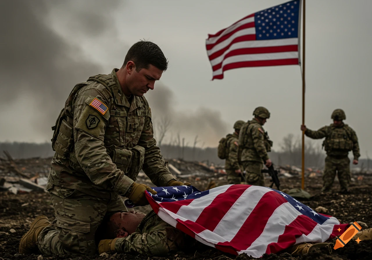 A soldier kneels over a fallen soldier covered with an American flag, others stand nearby with a flag in the background.