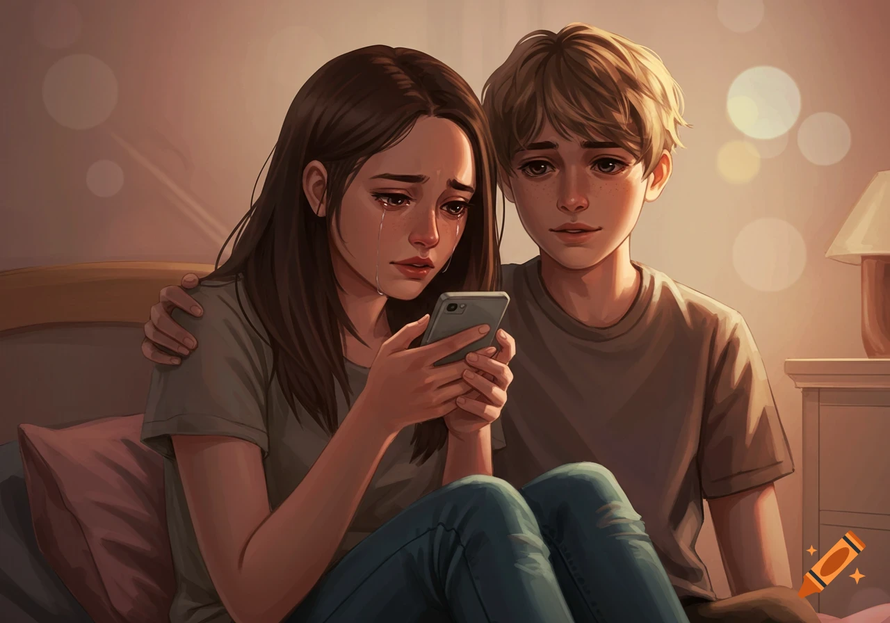 Digital illustration of a crying girl looking at a phone with a boy comforting her