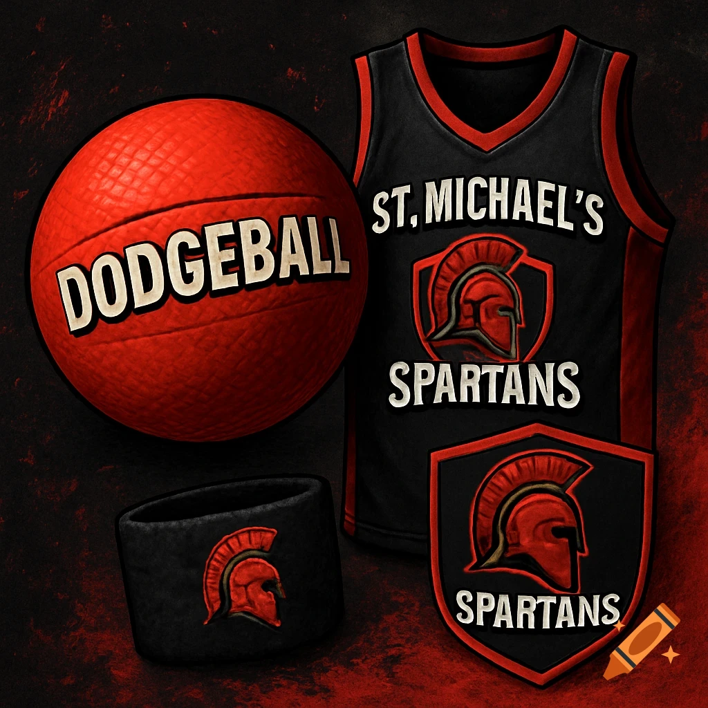 Dodgeball, jersey, wristband, and shield/patch with St. Michael's Spartans text and logo, black and red.