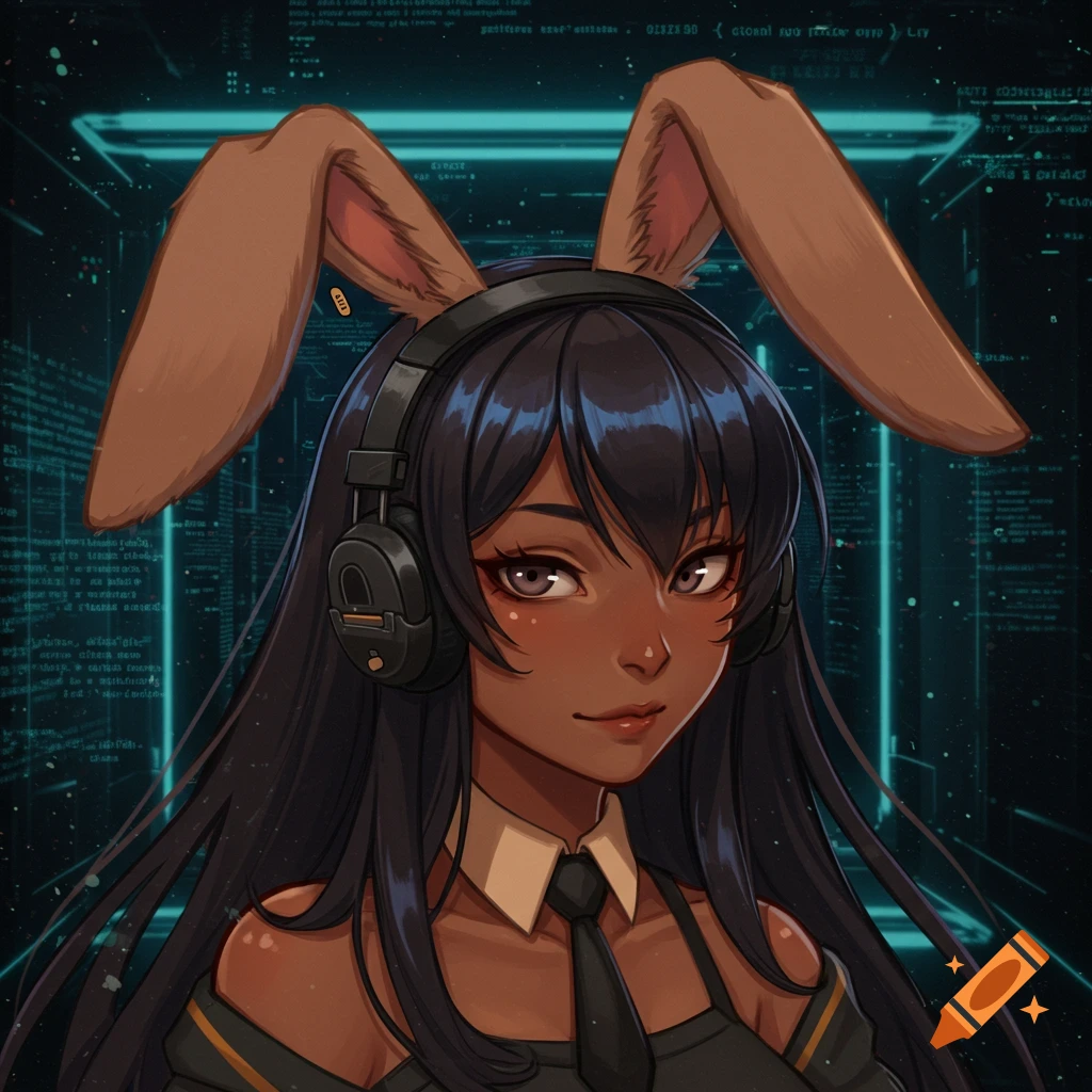 Anime bunny girl profile picture with brown skin, long black hair, headphones, and bunny ears against a futuristic code background.