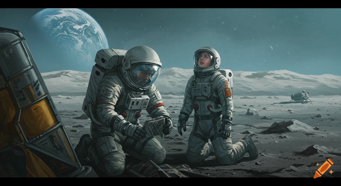 Two astronauts on the moon, one kneeling with equipment while the other stands looking up, with Earth in the background.