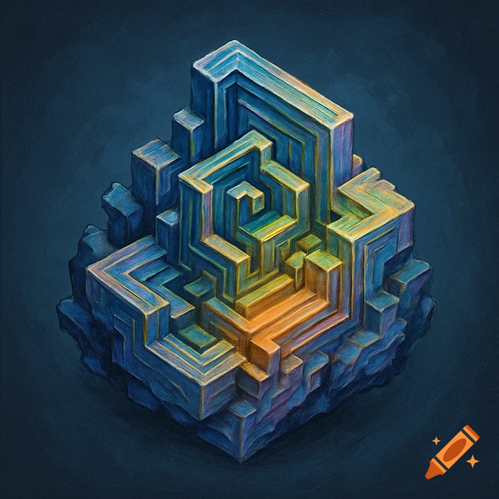 A colorful geometric structure resembling a bismuth crystal, digital art.