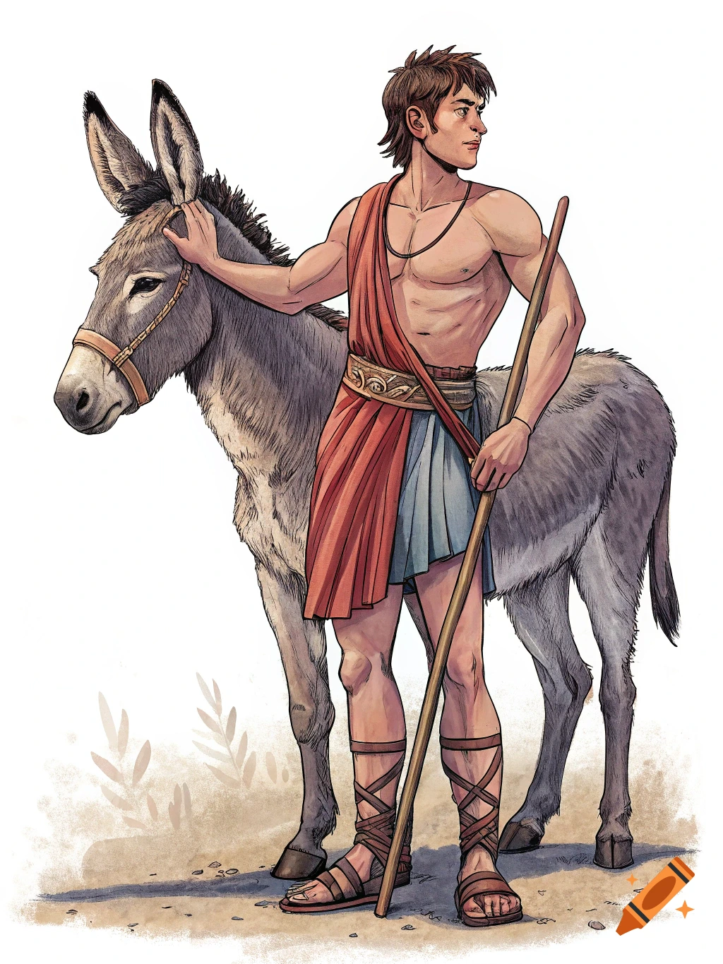 Illustration of an Ancient Greek man standing next to a donkey.