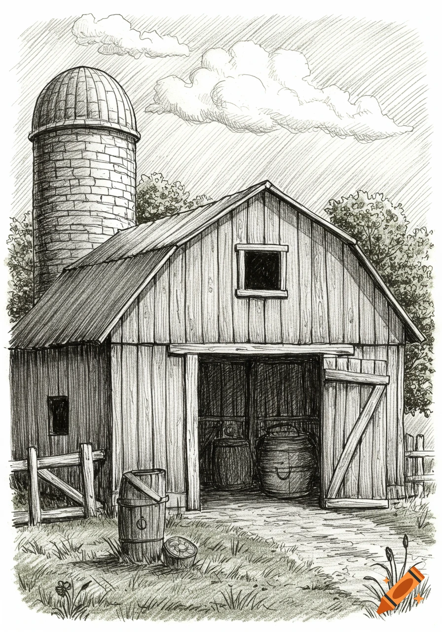 Black and white sketch of a barn and silo in a countryside setting