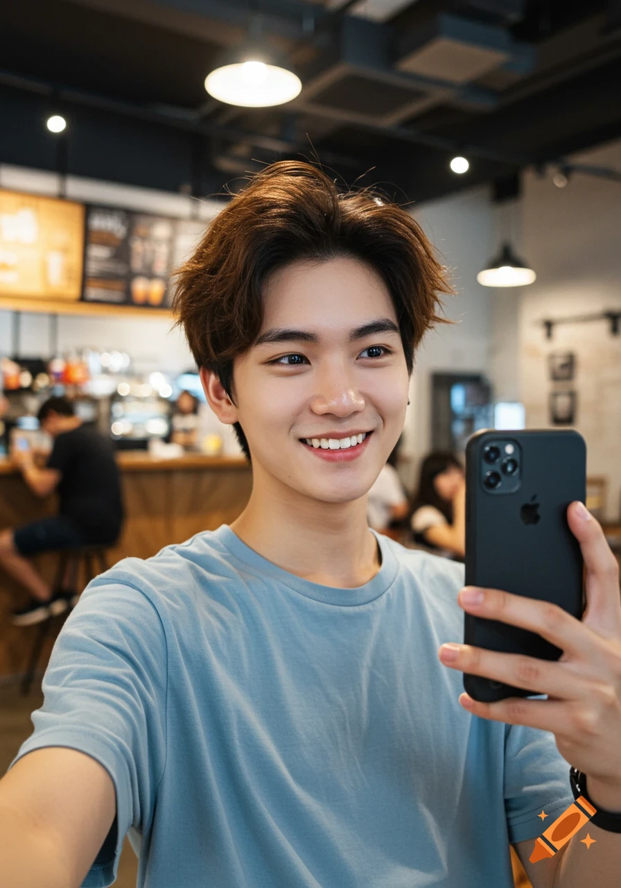 Young man smiling and taking a selfie with a phone in a cafe.