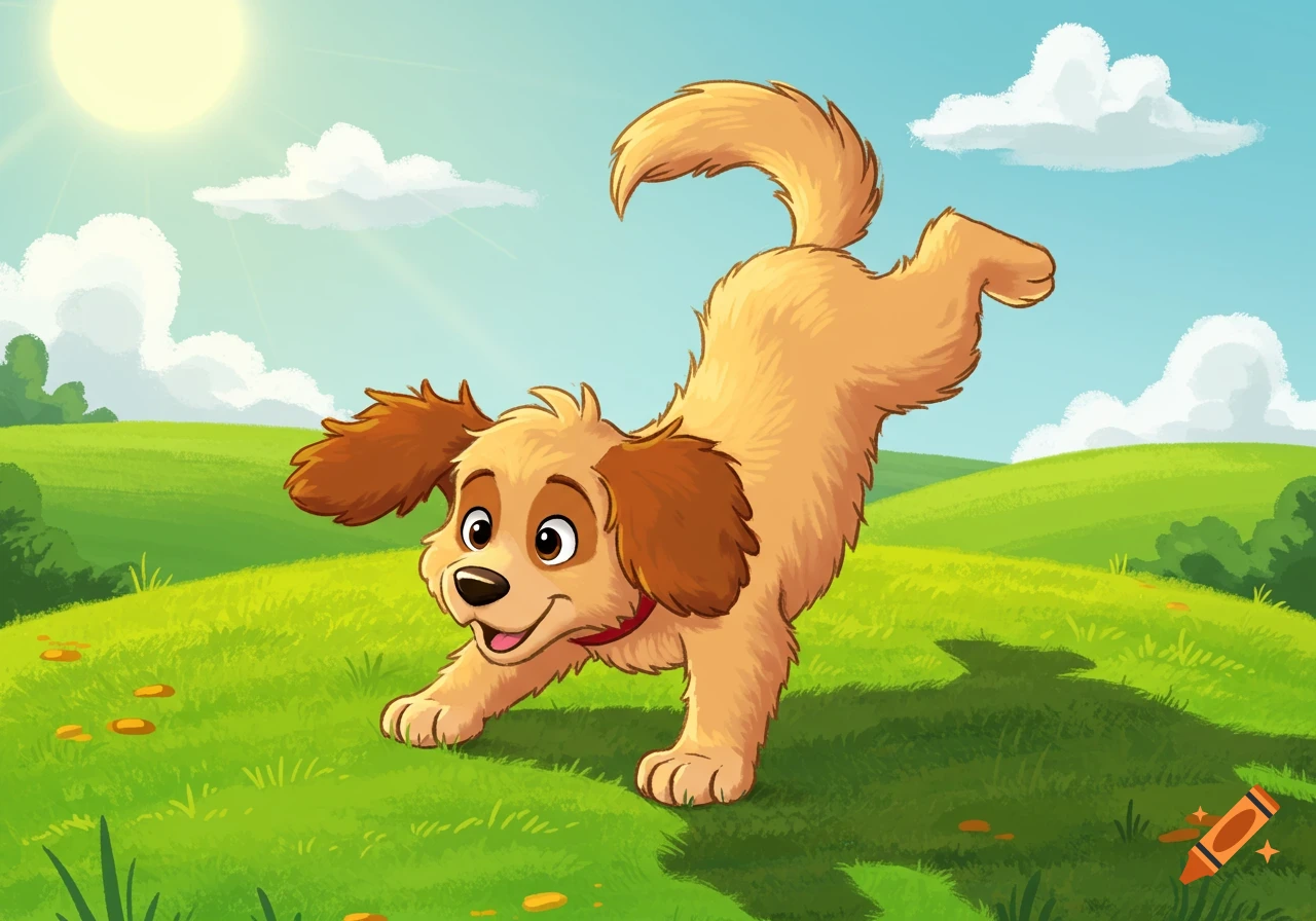 A cartoon puppy in a playful pose on a sunny green hill. on Craiyon, image size:1280x896