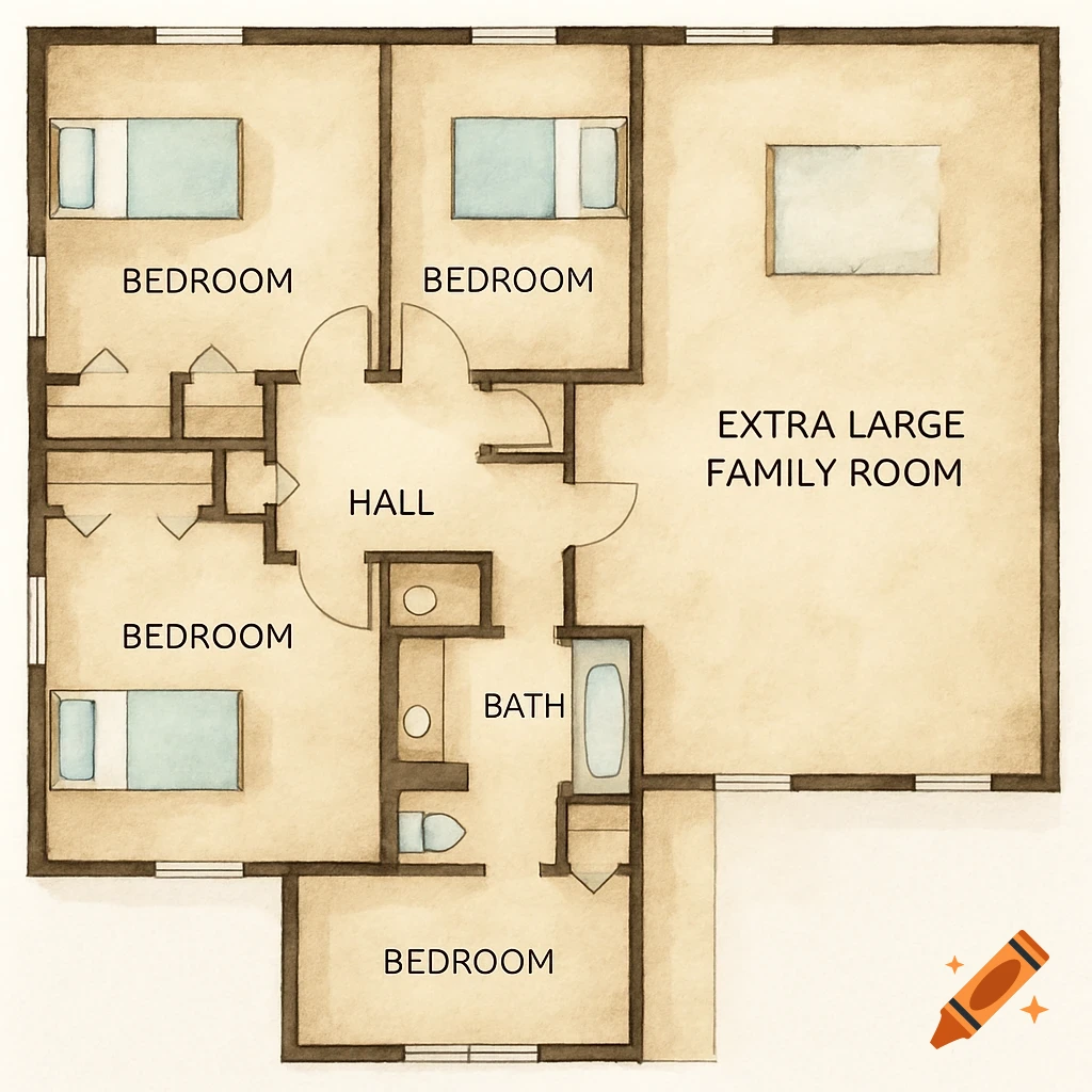Hand-drawn floor plan with 4 bedrooms, hall, bath, and extra large family room.