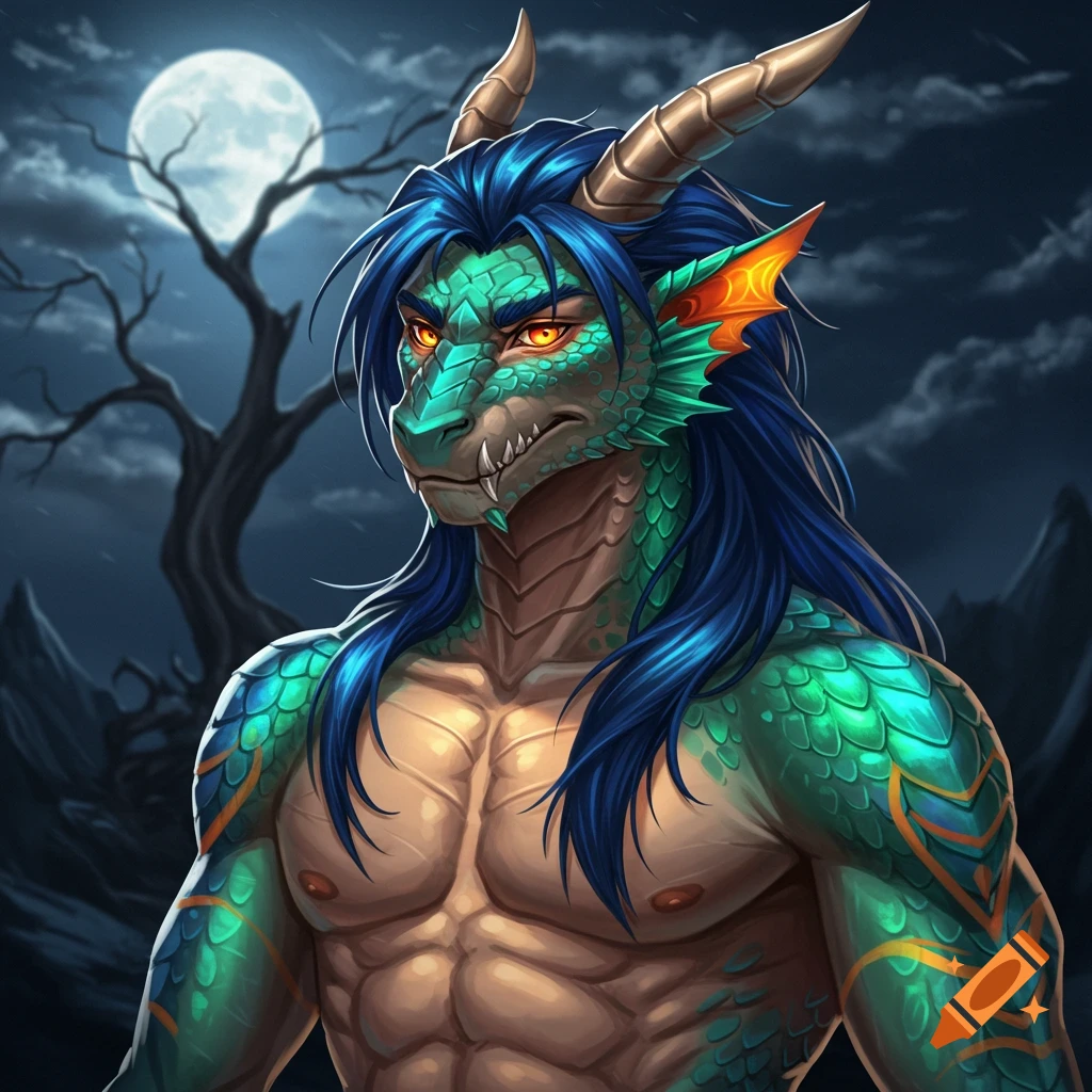 Anthro dragon man with blue hair and green scales under a full moon.