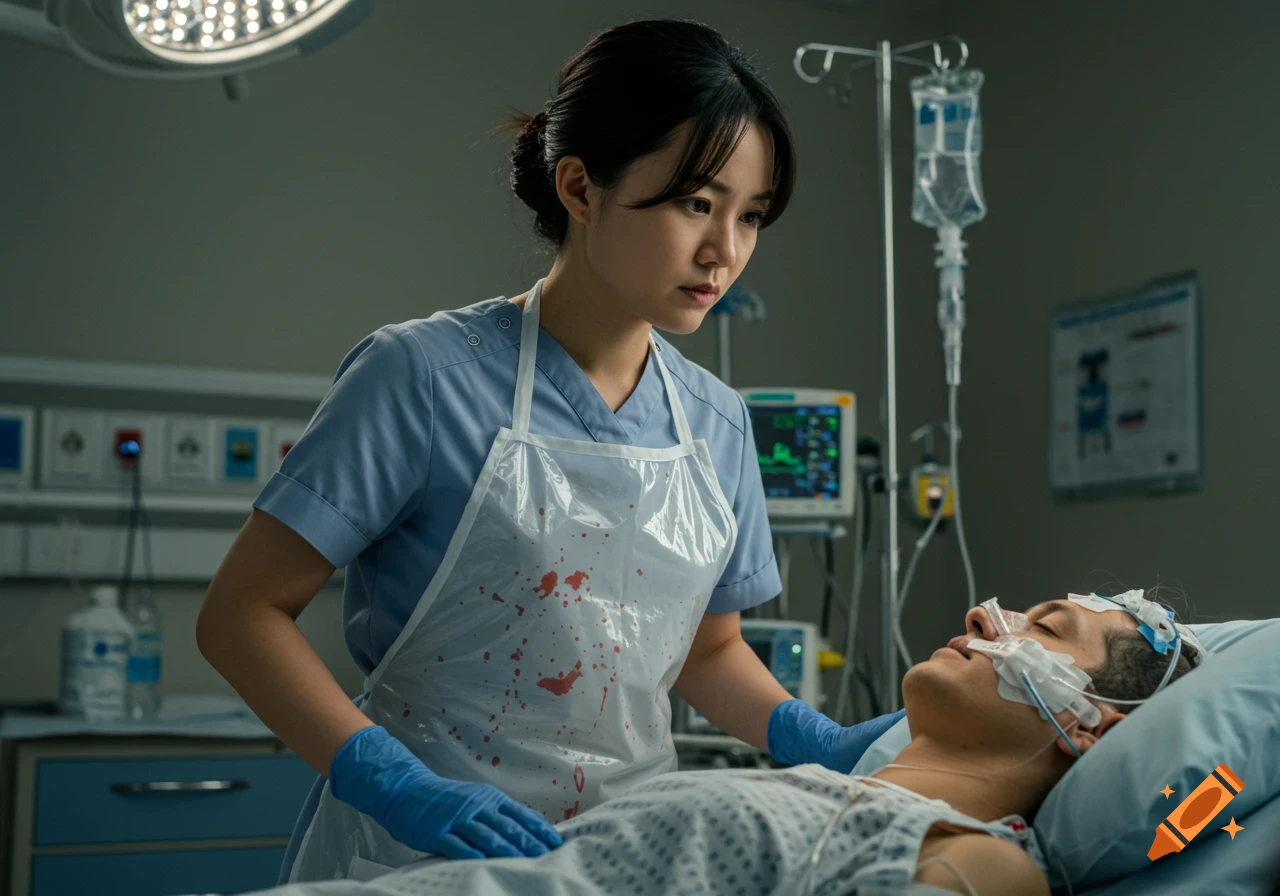 A nurse stands beside a patient in an ICU room.