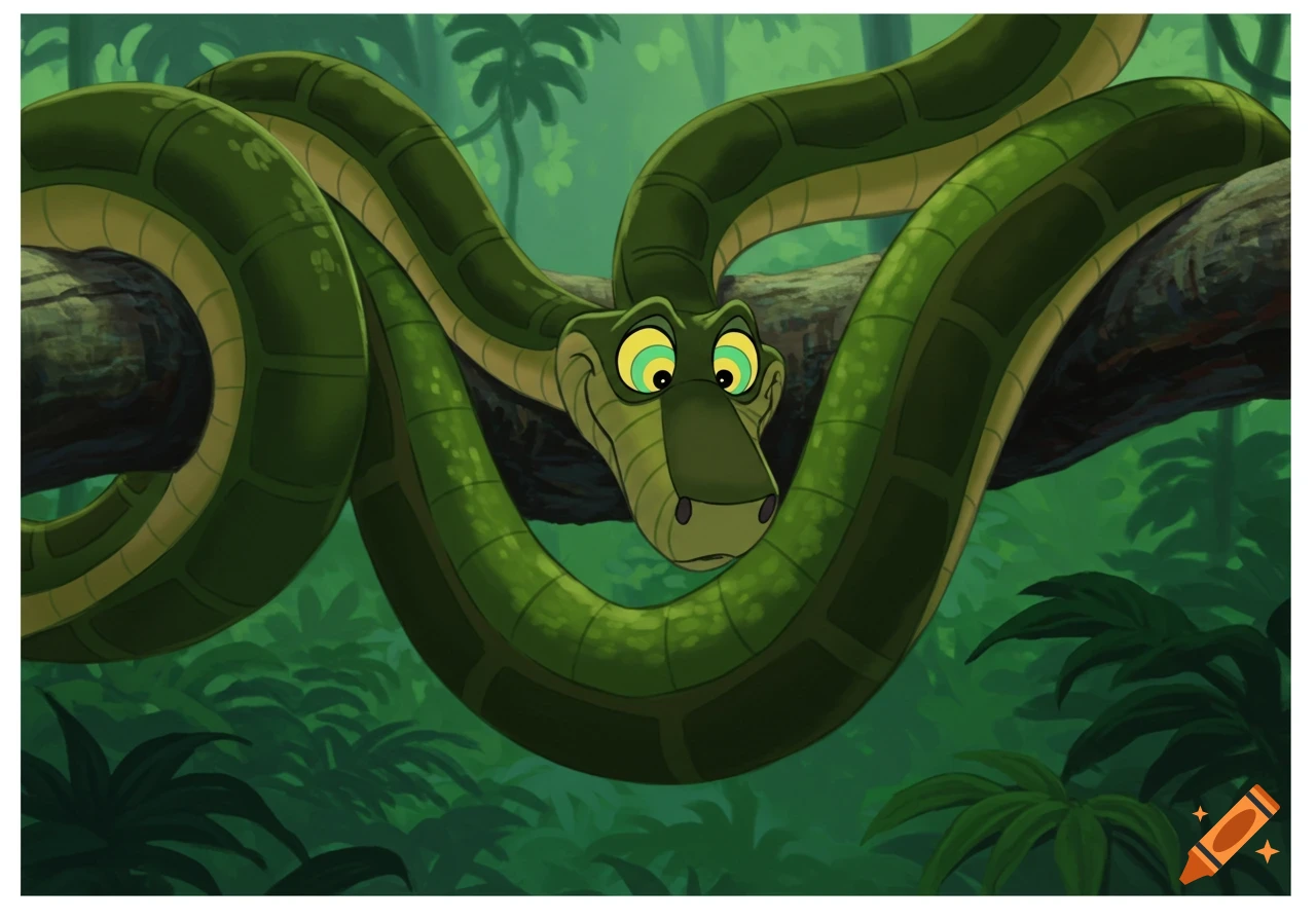 Cartoon snake Kaa wrapped around a tree branch in a jungle