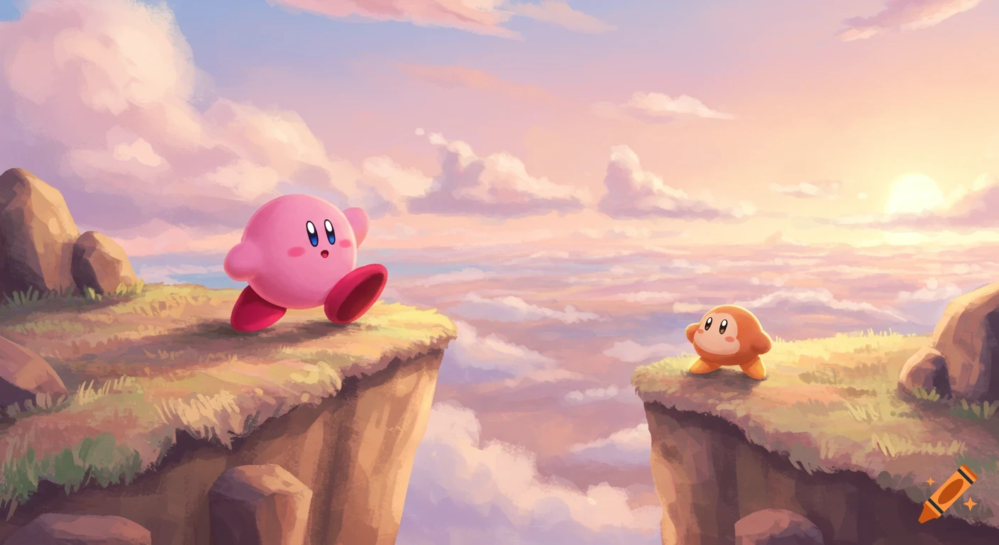 Kirby and Waddle Dee stand on cliffs overlooking a sunset sky, digital art.