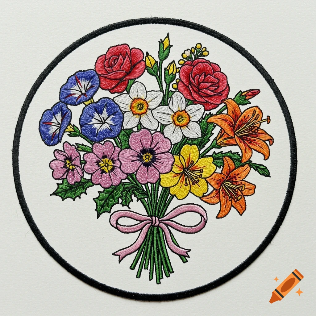 An embroidered bouquet of colorful flowers tied with a pink ribbon, inside a black circle border.