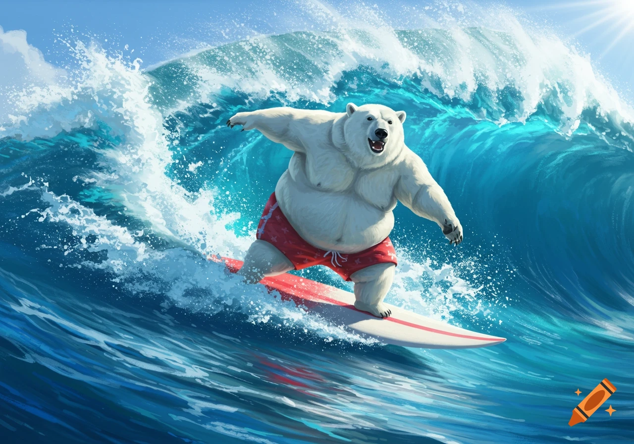 A fat polar bear rides a wave on a surfboard.