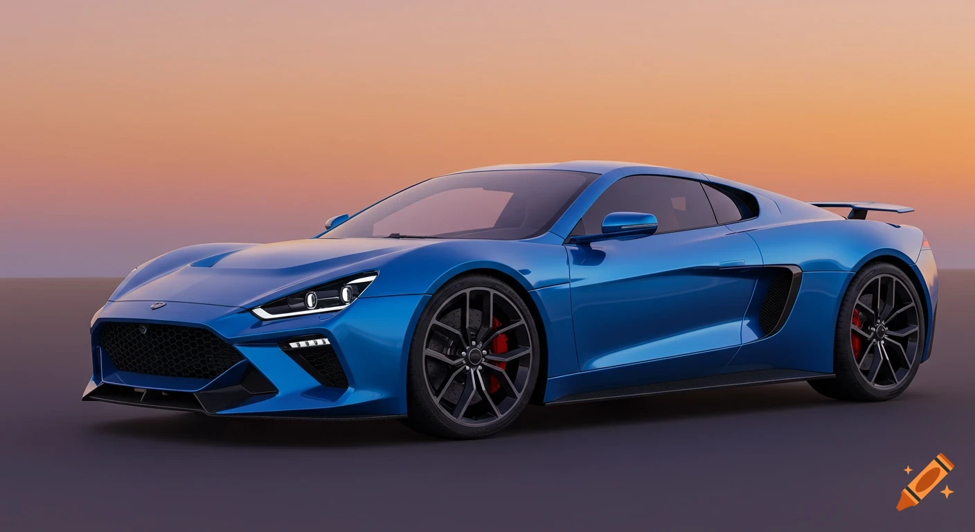 Blue sports car parked against a sunset background.