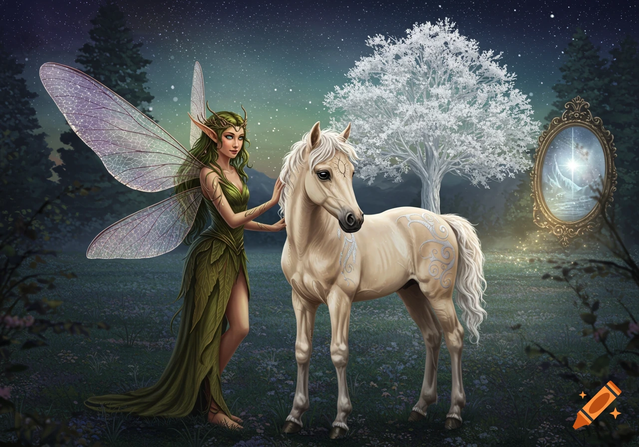 A fairy with wings and leaf dress stands with a pale horse in a magical forest at night with a white tree and mirror.
