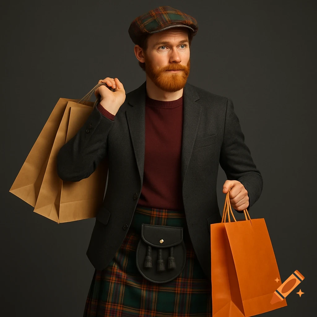 A fashionable man with a beard wearing a kilt and cap holds shopping bags in a studio.