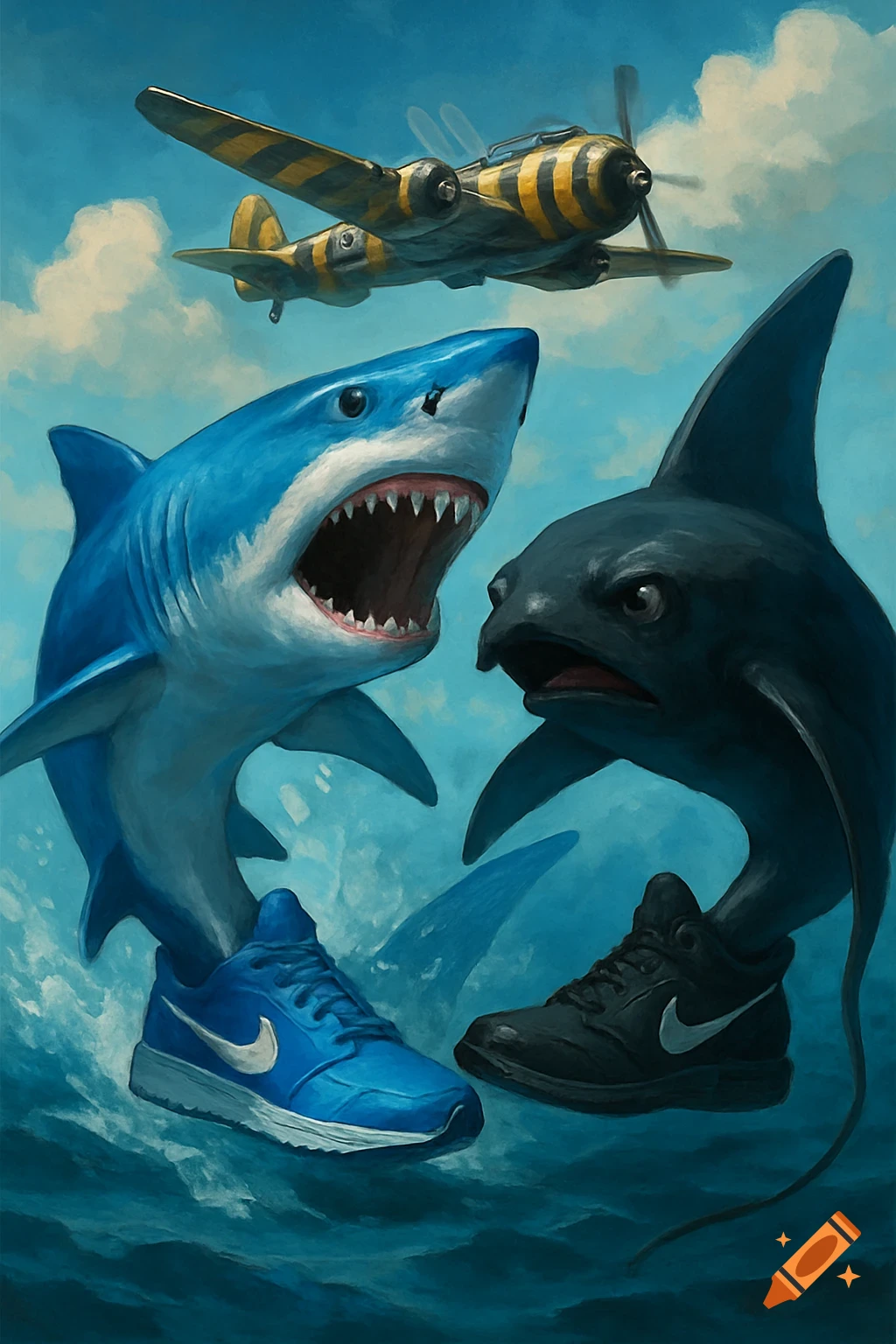 A painting of two sharks wearing Nike shoes with a yellow and black airplane in the sky.