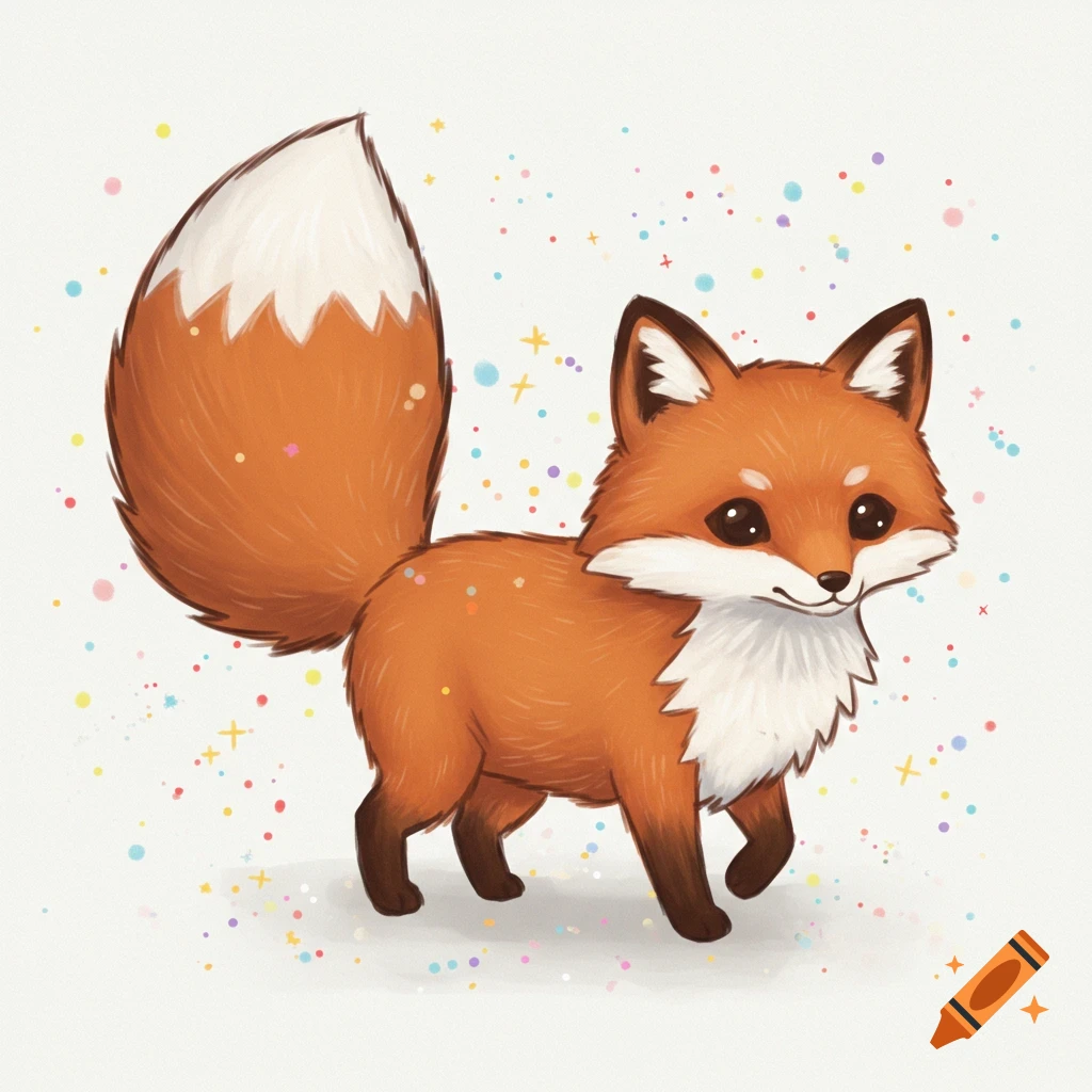 A cute cartoon illustration of a fox standing with colorful dots and sparkles around it.