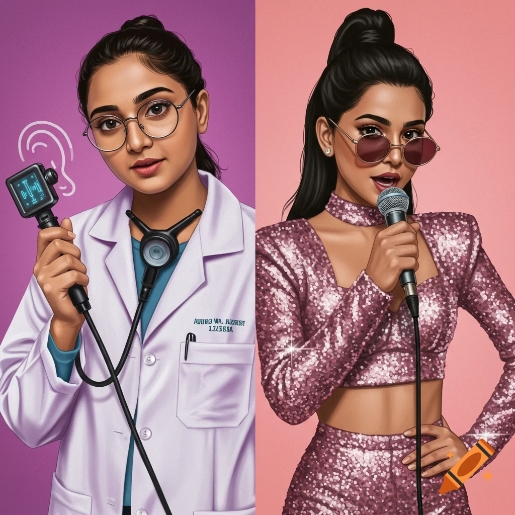 Illustration of an Indian woman depicted as a doctor on the left and a pop star on the right.