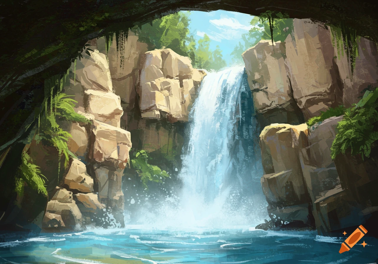 View of a waterfall flowing from cliffs into a pool, seen from inside a cave opening in a painterly style.
