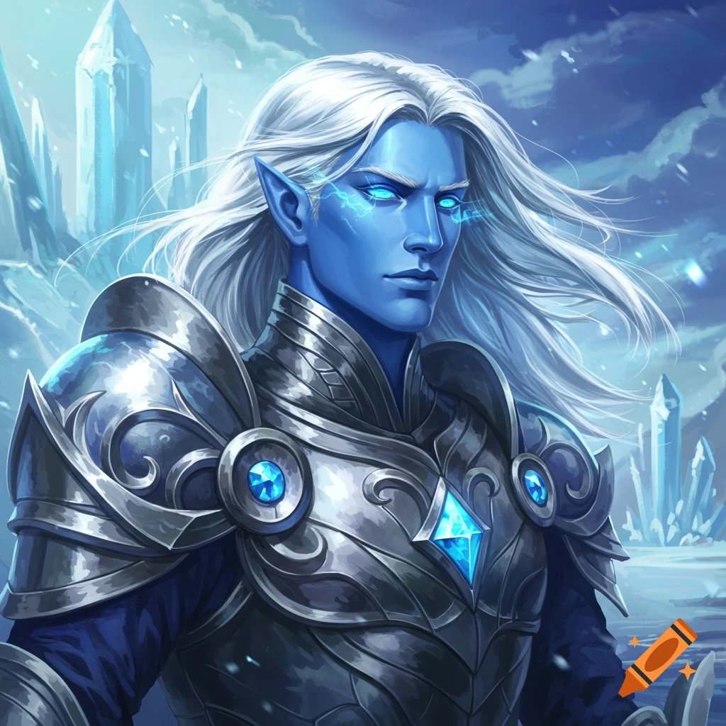 A blue-skinned fantasy prince with white hair and glowing eyes in silver armor stands in an icy landscape.