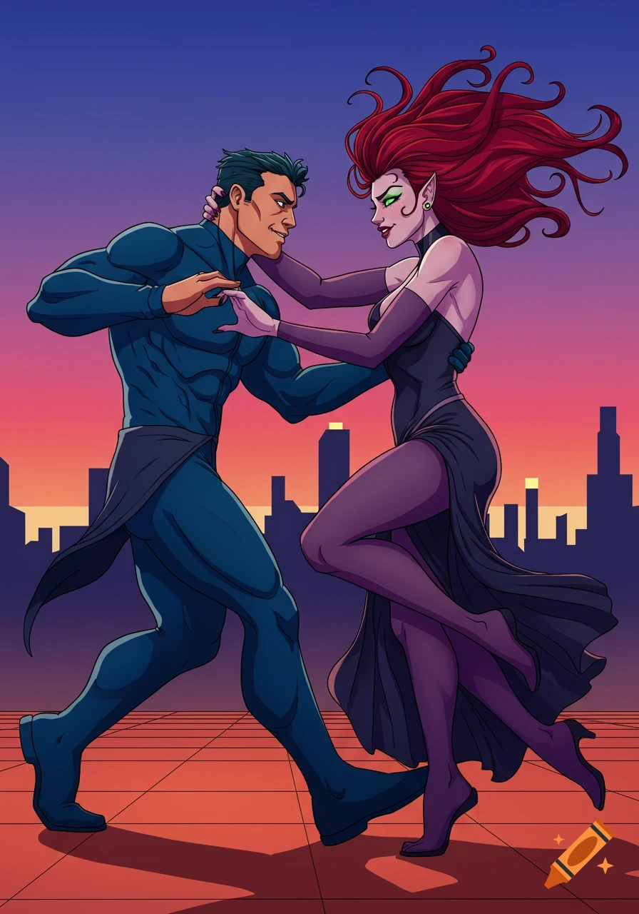 Two figures, a man in blue and a red-haired woman with pointed ears, dance against a city skyline background in a cartoon style.