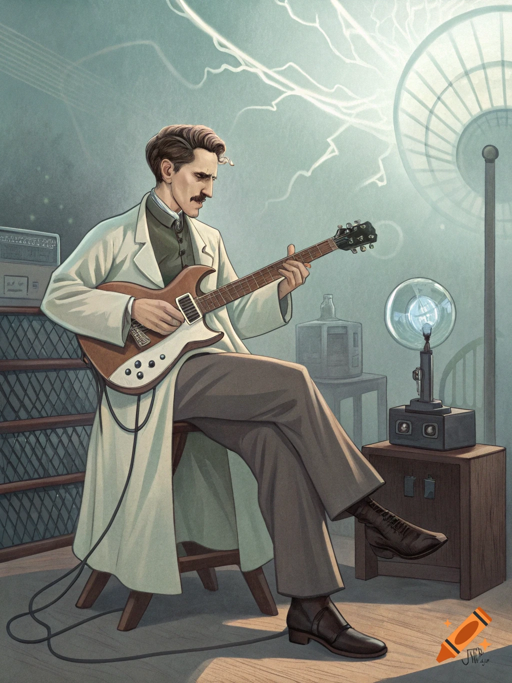Nikola Tesla plays an electric guitar surrounded by electrical equipment and lightning.