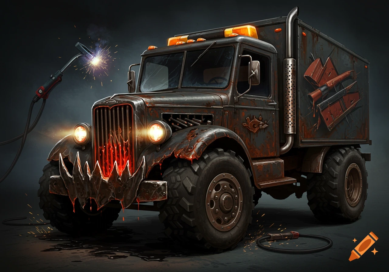 A mean, aggressive old-school delivery truck with spikes, rust, and welding sparks around it.