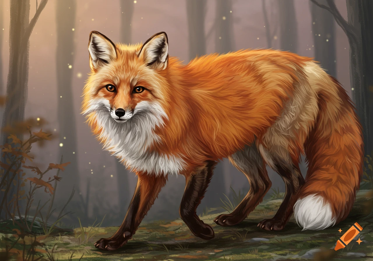 An illustrated red fox stands in a forest at sunset.