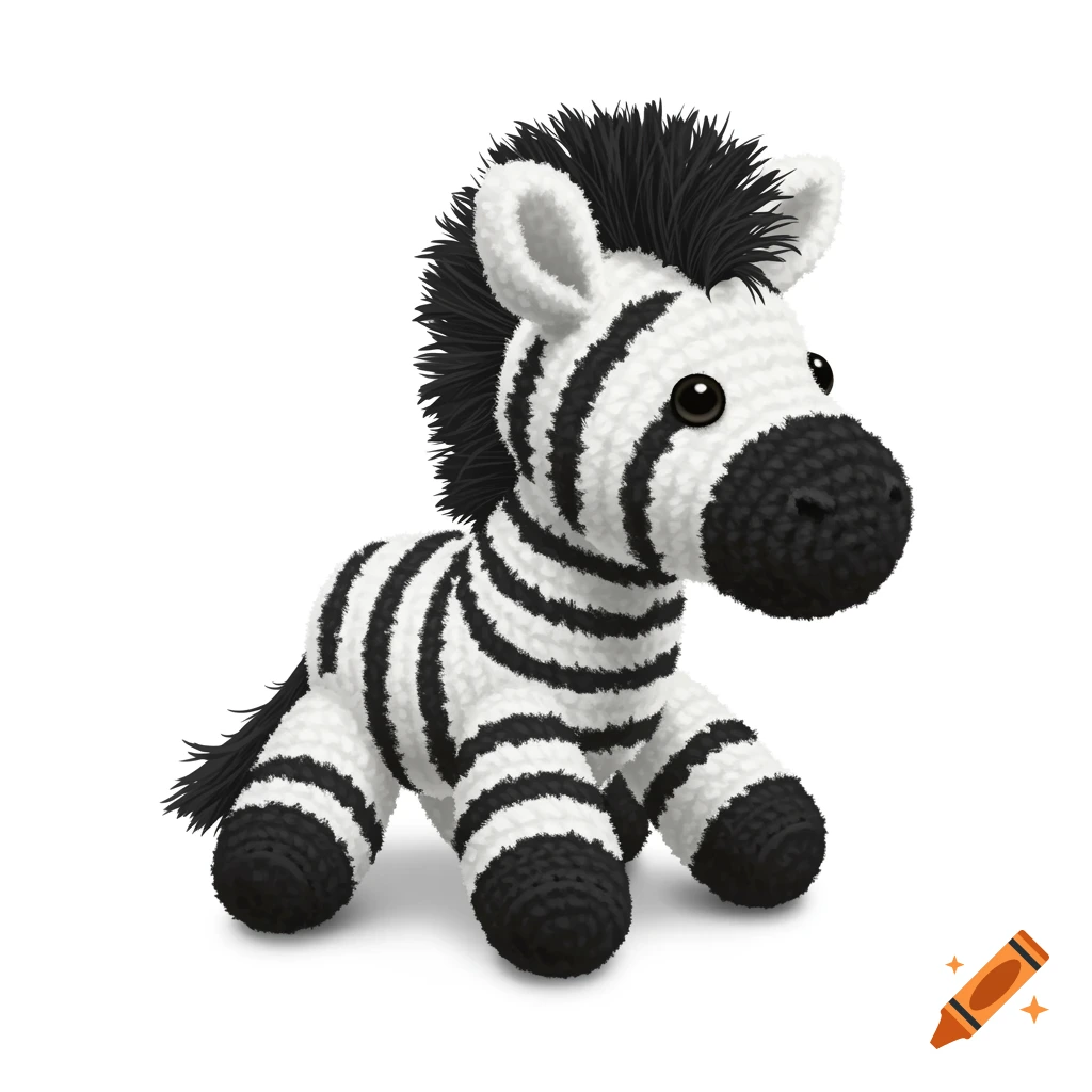 A crocheted zebra plushie with black stripes on a white background.
