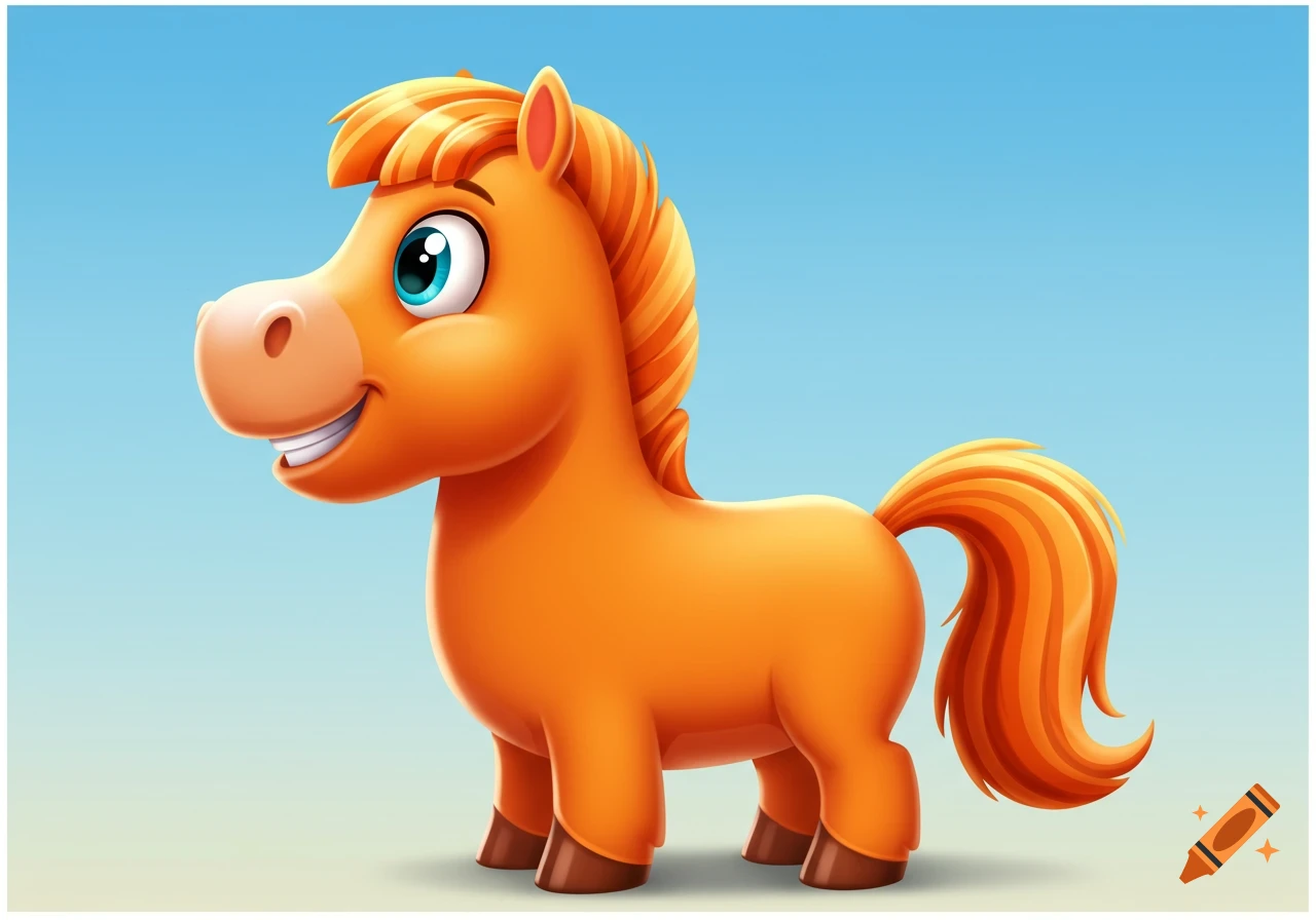 A cartoon orange horse is shown in profile against a blue sky background.