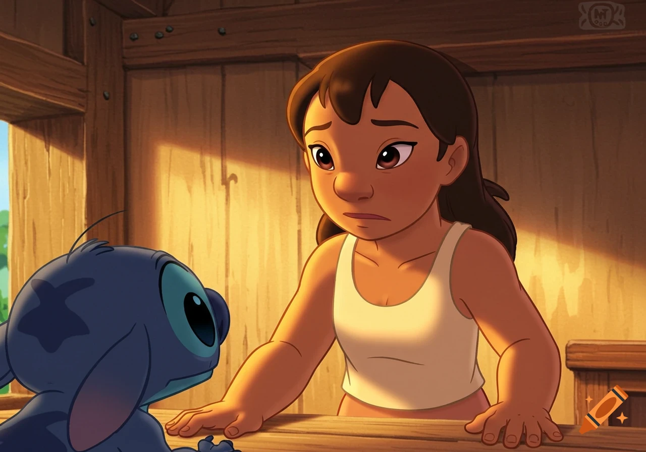 Lilo looks sadly at Stitch in a wooden room, animated style.